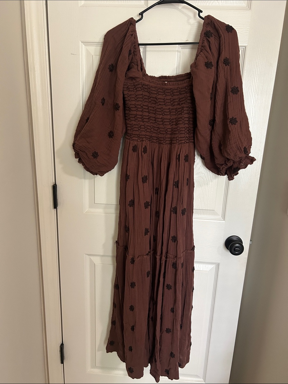 Free People Chocolate Brown Smocked Maxi Dress with Puff Sleeves